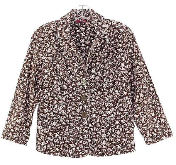 SO Sz L Brown Pink White Floral Cotton Blend Corduroy Flap Pocket Jacket