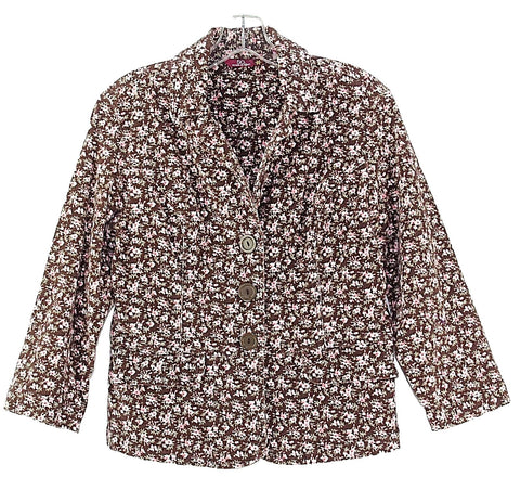 SO Sz L Brown Pink White Floral Cotton Blend Corduroy Flap Pocket Jacket