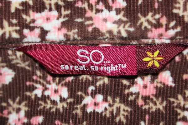 SO Sz L Brown Pink White Floral Cotton Blend Corduroy Flap Pocket Jacket