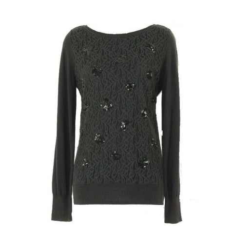 Charter Club M Black Lace Overlay Sequin Detail Knit Cotton Rayon Nylon Top