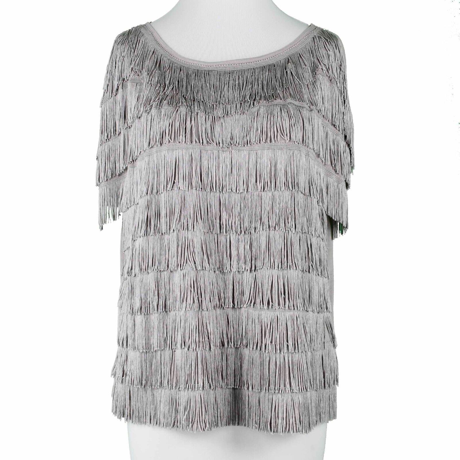 INC NEW Sz M Taupe Full Frontal Fringe Drop Shoulder Pullover Rayon Knit Top