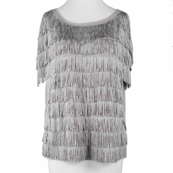 INC NEW Sz M Taupe Full Frontal Fringe Drop Shoulder Pullover Rayon Knit Top
