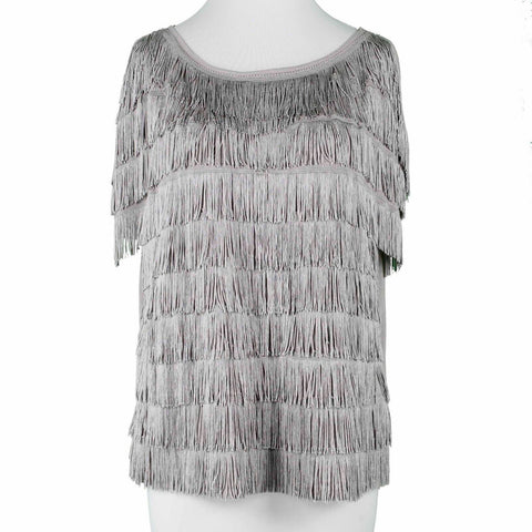 INC NEW Sz M Taupe Full Frontal Fringe Drop Shoulder Pullover Rayon Knit Top