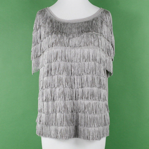 INC NEW Sz M Taupe Full Frontal Fringe Drop Shoulder Pullover Rayon Knit Top