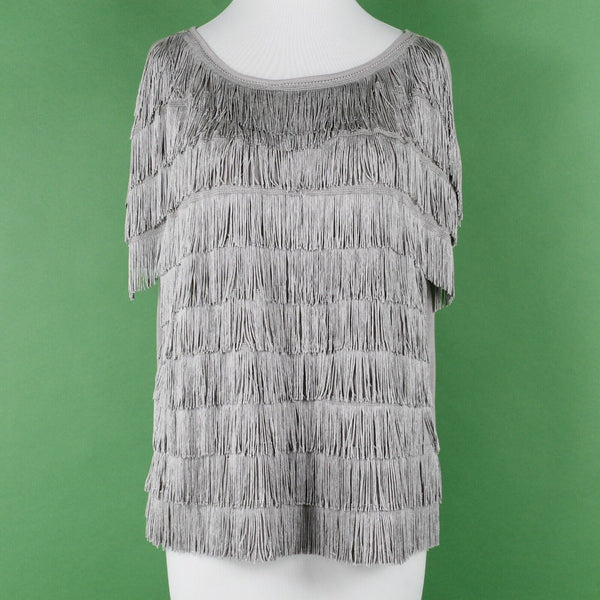 INC NEW Sz M Taupe Full Frontal Fringe Drop Shoulder Pullover Rayon Knit Top