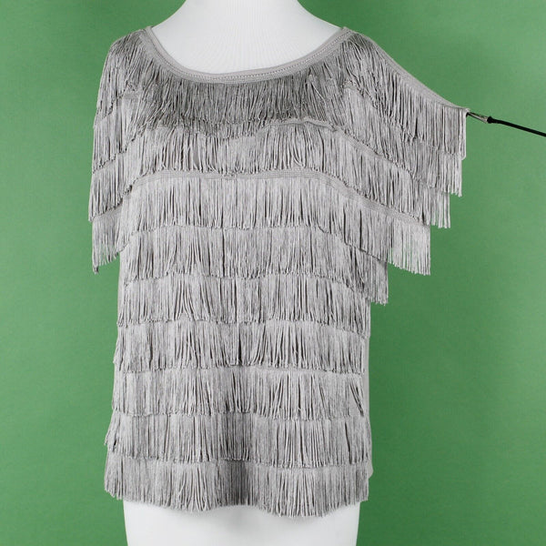 INC NEW Sz M Taupe Full Frontal Fringe Drop Shoulder Pullover Rayon Knit Top