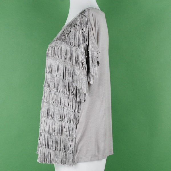INC NEW Sz M Taupe Full Frontal Fringe Drop Shoulder Pullover Rayon Knit Top