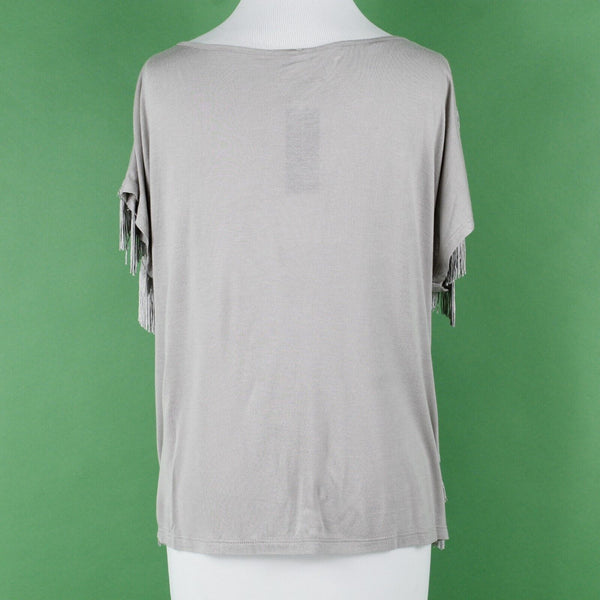 INC NEW Sz M Taupe Full Frontal Fringe Drop Shoulder Pullover Rayon Knit Top