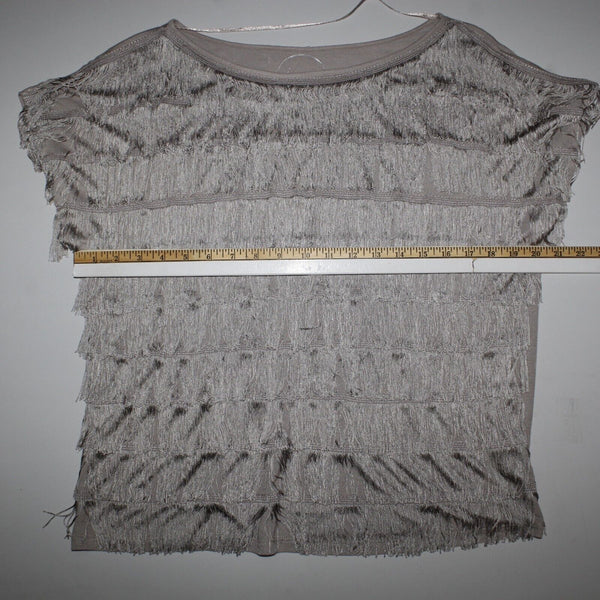 INC NEW Sz M Taupe Full Frontal Fringe Drop Shoulder Pullover Rayon Knit Top