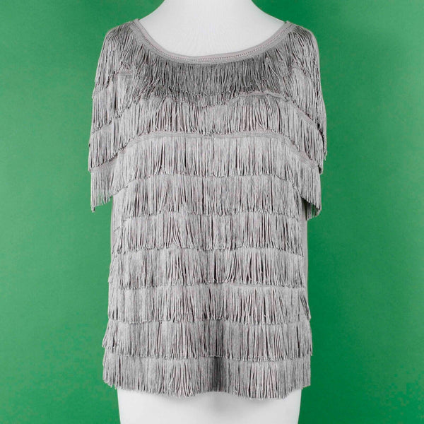 INC NEW Sz M Taupe Full Frontal Fringe Drop Shoulder Pullover Rayon Knit Top