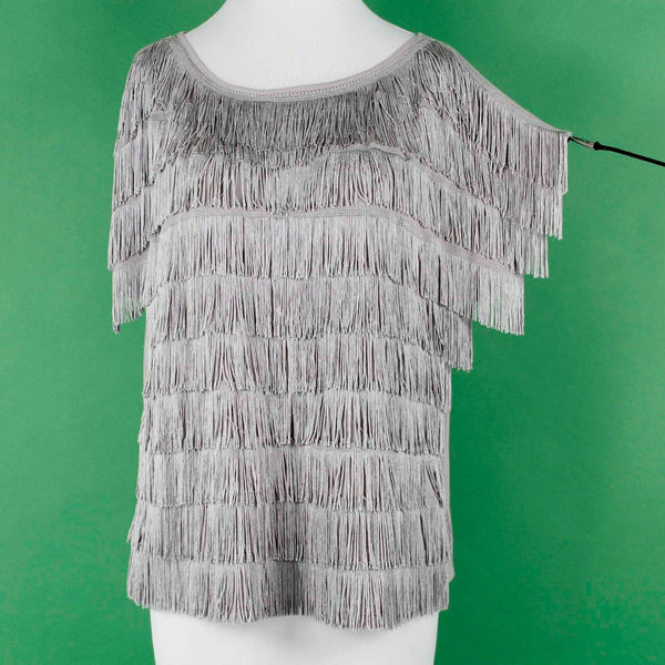 INC NEW Sz M Taupe Full Frontal Fringe Drop Shoulder Pullover Rayon Knit Top