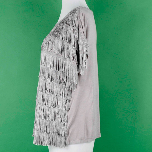 INC NEW Sz M Taupe Full Frontal Fringe Drop Shoulder Pullover Rayon Knit Top