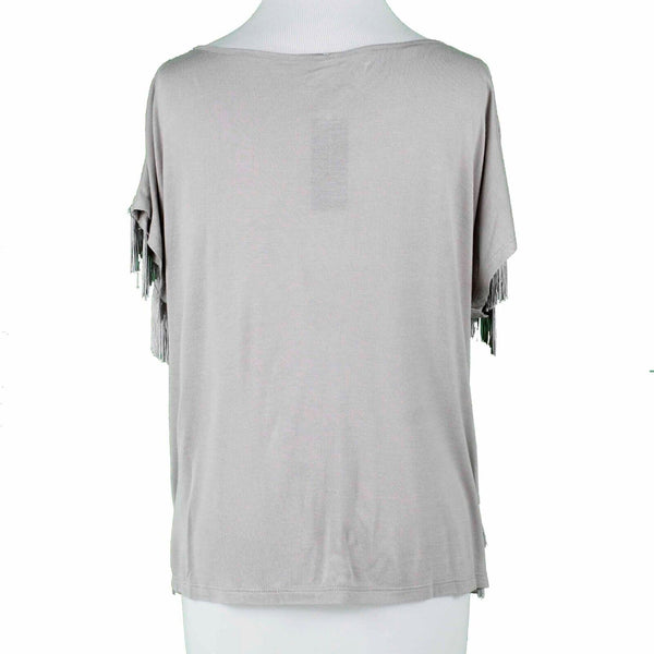 INC NEW Sz M Taupe Full Frontal Fringe Drop Shoulder Pullover Rayon Knit Top