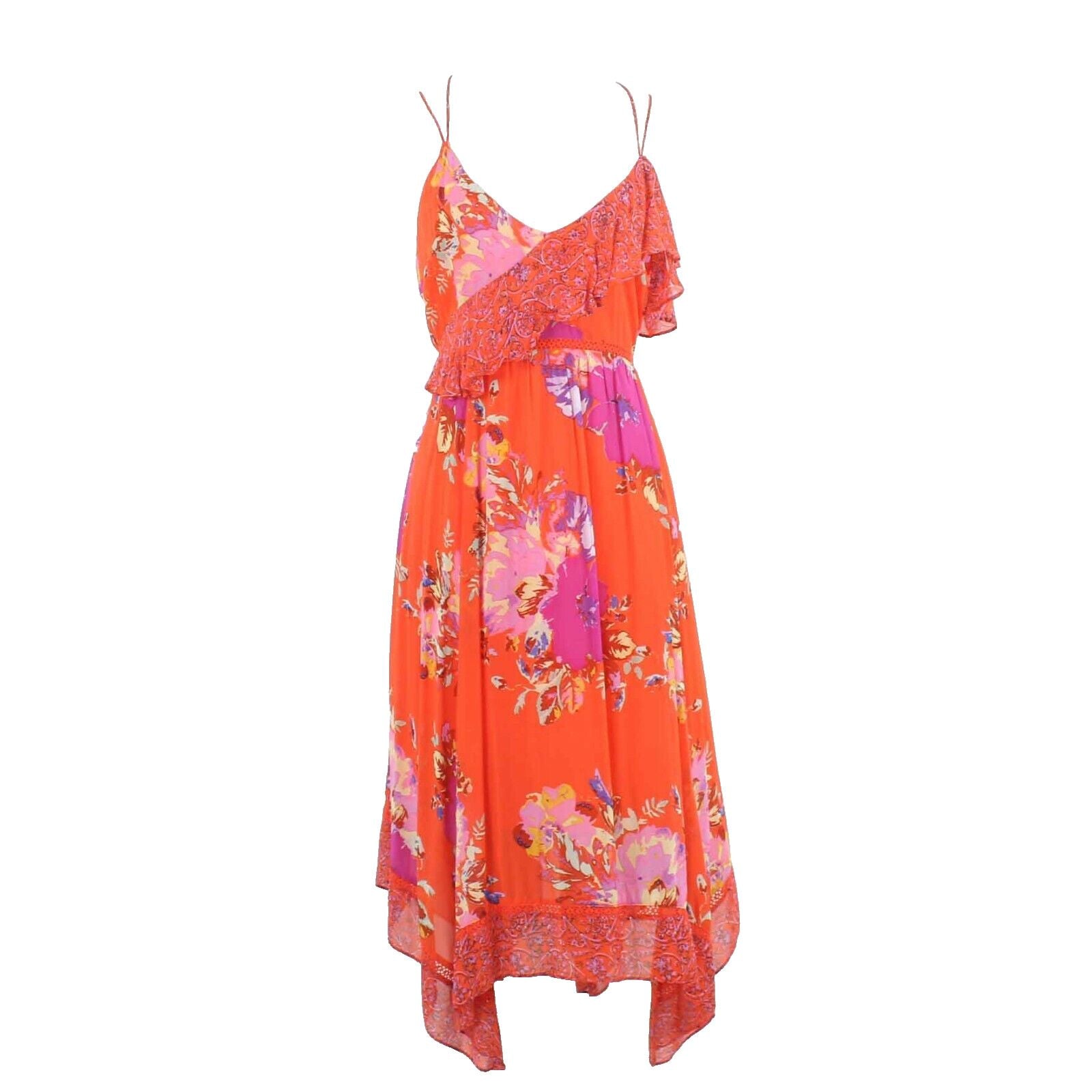 Maeve Sz 8 Orange Multi Asymmetrical Midi One Shoulder Ruffle Rayon Dress