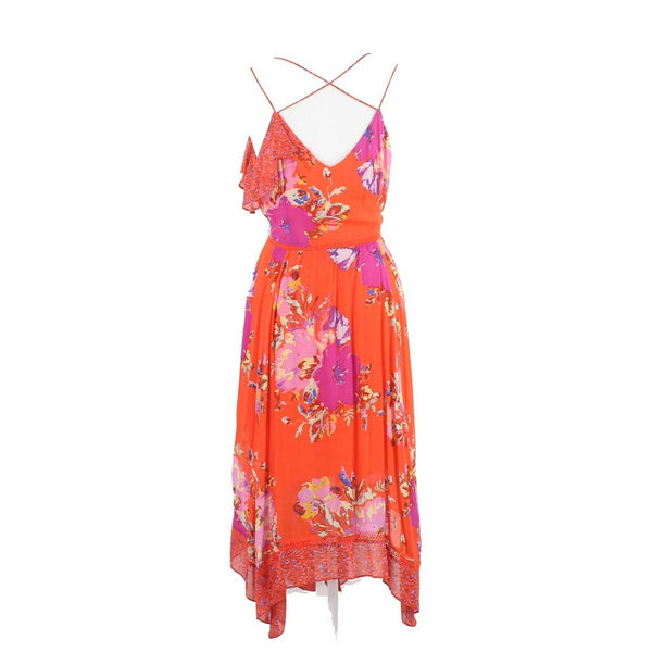 Maeve Sz 8 Orange Multi Asymmetrical Midi One Shoulder Ruffle Rayon Dress