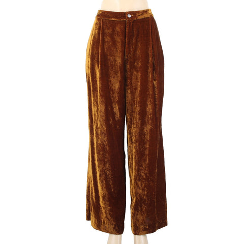 Soeur Sz 42 x Copper Brown Viscose Nylon Crushed Velvet Palazzo Pocketed Pant