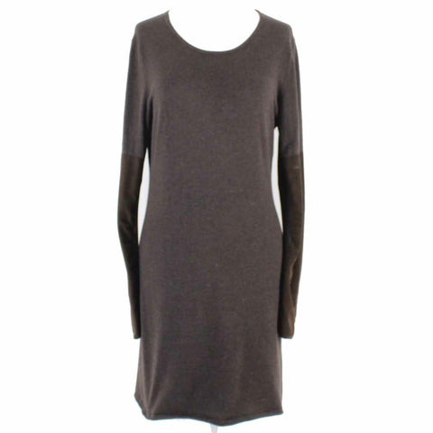Minnie Rose Sz M Brown Tunic Elbow Patches Faux Suede Cotton Blend Long Sweater