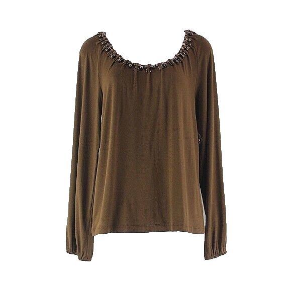 Jones New York NEW Sz S Brown Spandex Rayon Wood Bead Detail Knit Top