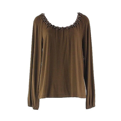 Jones New York NEW Sz S Brown Spandex Rayon Wood Bead Detail Knit Top