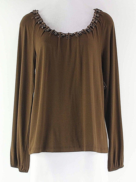 Jones New York NEW Sz S Brown Spandex Rayon Wood Bead Detail Knit Top