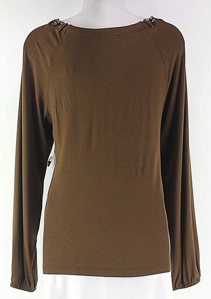 Jones New York NEW Sz S Brown Spandex Rayon Wood Bead Detail Knit Top