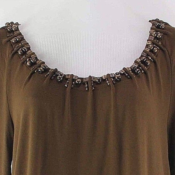 Jones New York NEW Sz S Brown Spandex Rayon Wood Bead Detail Knit Top