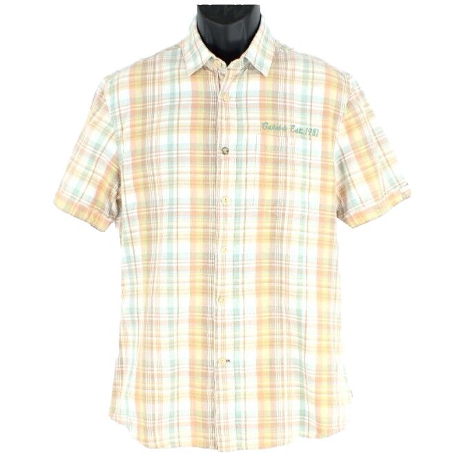Guess Sz S Tan White Gold Orange Moss Plaid Slim Fit Logo Cotton Shirt