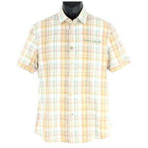 Guess Sz S Tan White Gold Orange Moss Plaid Slim Fit Logo Cotton Shirt