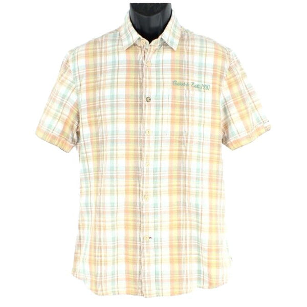 Guess Sz S Tan White Gold Orange Moss Plaid Slim Fit Logo Cotton Shirt