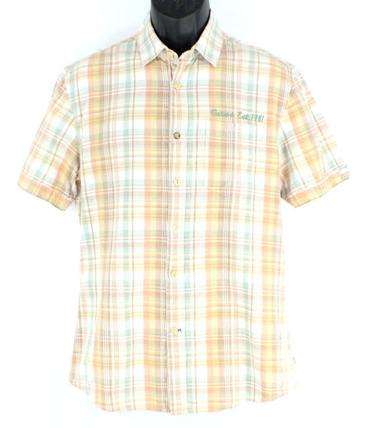 Guess Sz S Tan White Gold Orange Moss Plaid Slim Fit Logo Cotton Shirt