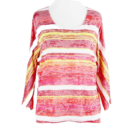 Coldwater Creek Sz XS Red White Multi Stripe Buttoned Back Hi Lo Poly Blend Top