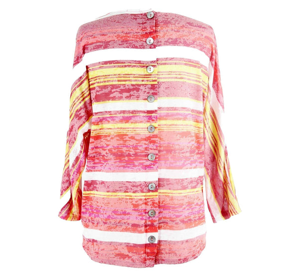 Coldwater Creek Sz XS Red White Multi Stripe Buttoned Back Hi Lo Poly Blend Top