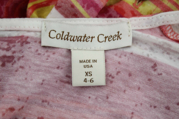 Coldwater Creek Sz XS Red White Multi Stripe Buttoned Back Hi Lo Poly Blend Top
