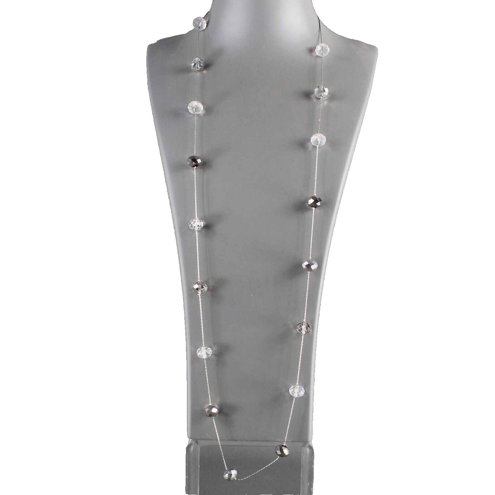 Ali Khan 38.5" Silvertone Stationed Faceted Round Crystal Bead Necklace