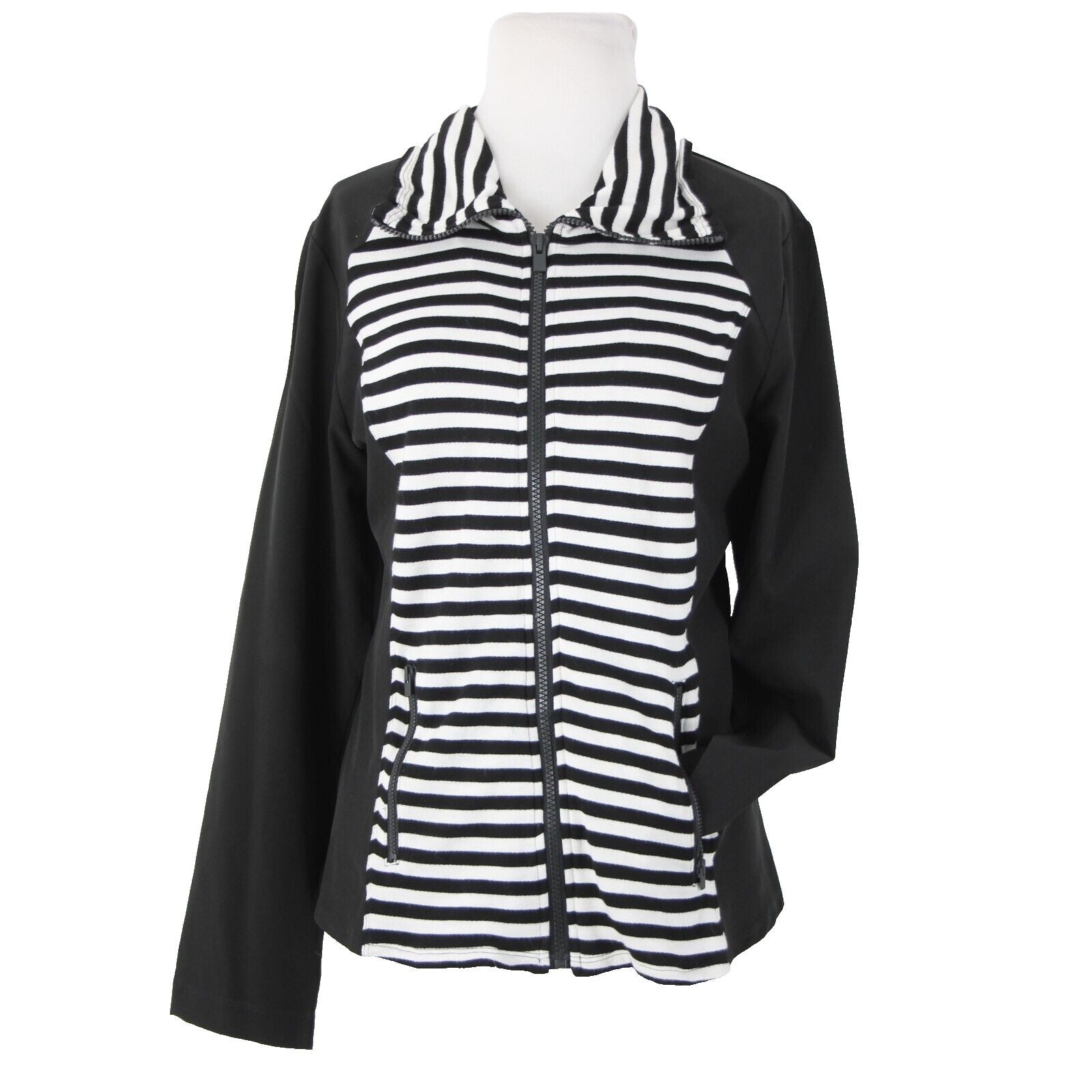 Chicos Zenergy Sz 0 Black White Striped Collared Pockets Rayon Spandex Jacket