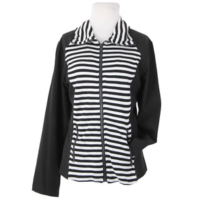 Chicos Zenergy Sz 0 Black White Striped Collared Pockets Rayon Spandex Jacket