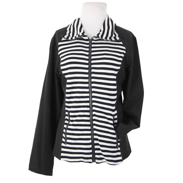 Chicos Zenergy Sz 0 Black White Striped Collared Pockets Rayon Spandex Jacket