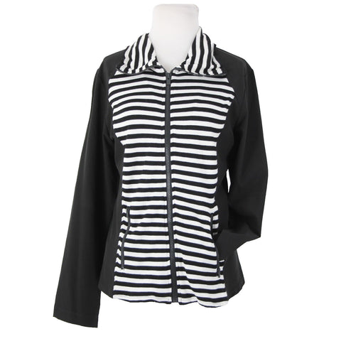 Chicos Zenergy Sz 0 Black White Striped Collared Pockets Rayon Spandex Jacket