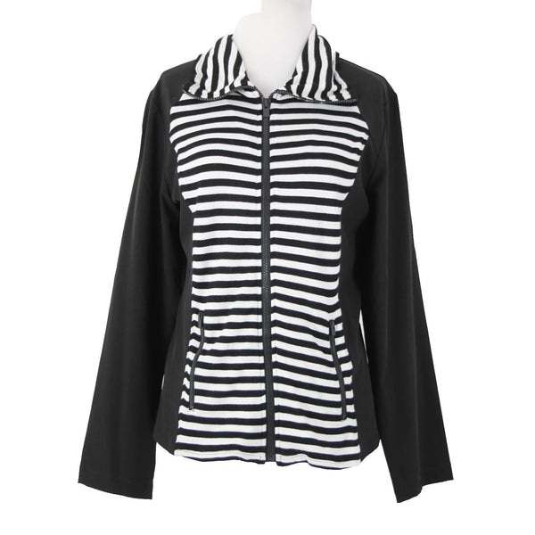Chicos Zenergy Sz 0 Black White Striped Collared Pockets Rayon Spandex Jacket