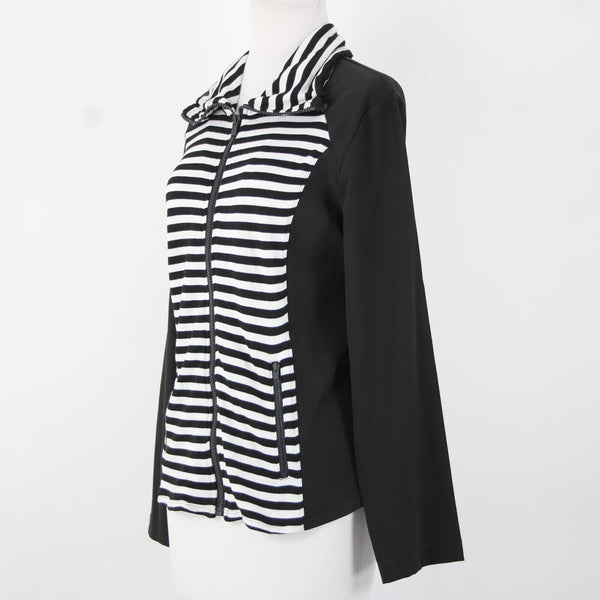 Chicos Zenergy Sz 0 Black White Striped Collared Pockets Rayon Spandex Jacket