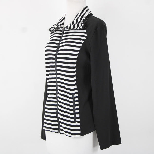 Chicos Zenergy Sz 0 Black White Striped Collared Pockets Rayon Spandex Jacket