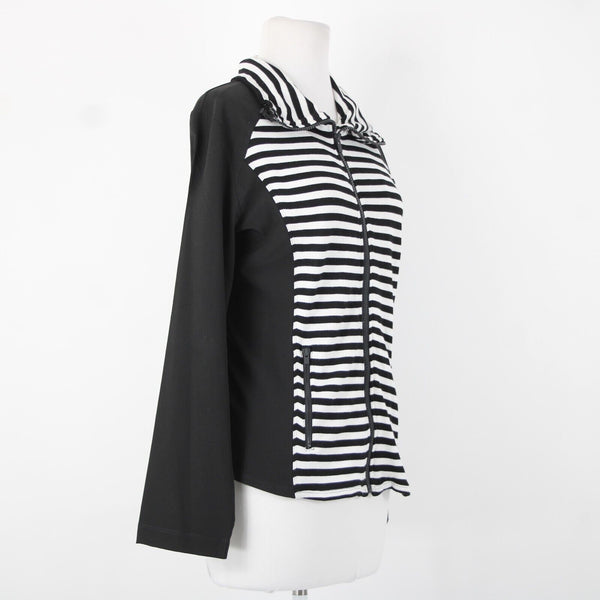 Chicos Zenergy Sz 0 Black White Striped Collared Pockets Rayon Spandex Jacket