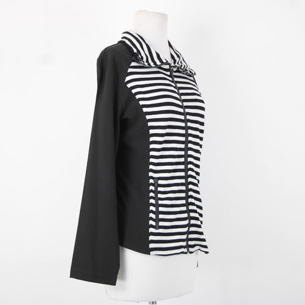 Chicos Zenergy Sz 0 Black White Striped Collared Pockets Rayon Spandex Jacket