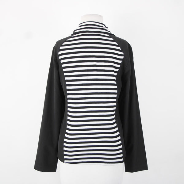 Chicos Zenergy Sz 0 Black White Striped Collared Pockets Rayon Spandex Jacket