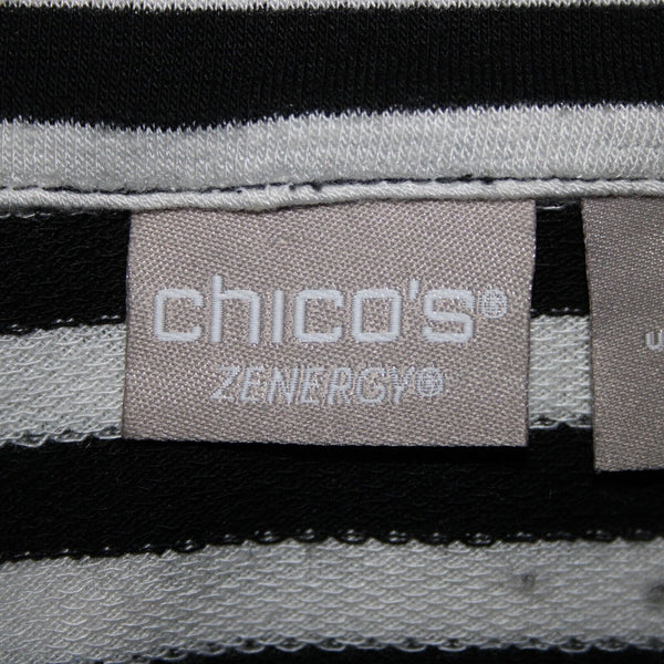 Chicos Zenergy Sz 0 Black White Striped Collared Pockets Rayon Spandex Jacket