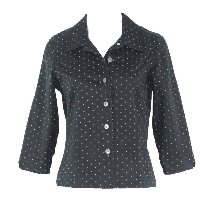 Susan Bristol Sz PS Black Tan Polka Dot Logo Button Cotton Lycra Shirt Jacket