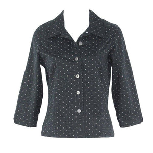 Susan Bristol Sz PS Black Tan Polka Dot Logo Button Cotton Lycra Shirt Jacket