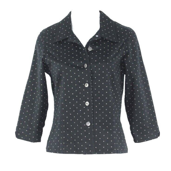 Susan Bristol Sz PS Black Tan Polka Dot Logo Button Cotton Lycra Shirt Jacket
