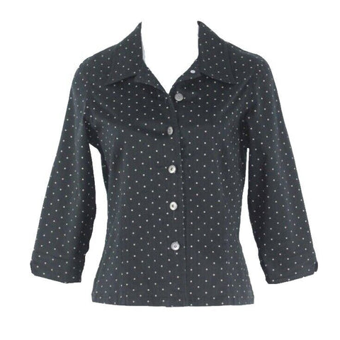 Susan Bristol Sz PS Black Tan Polka Dot Logo Button Cotton Lycra Shirt Jacket