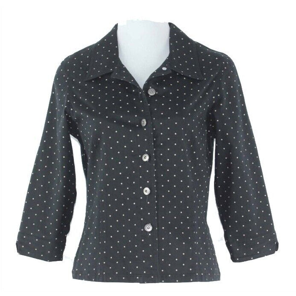 Susan Bristol Sz PS Black Tan Polka Dot Logo Button Cotton Lycra Shirt Jacket